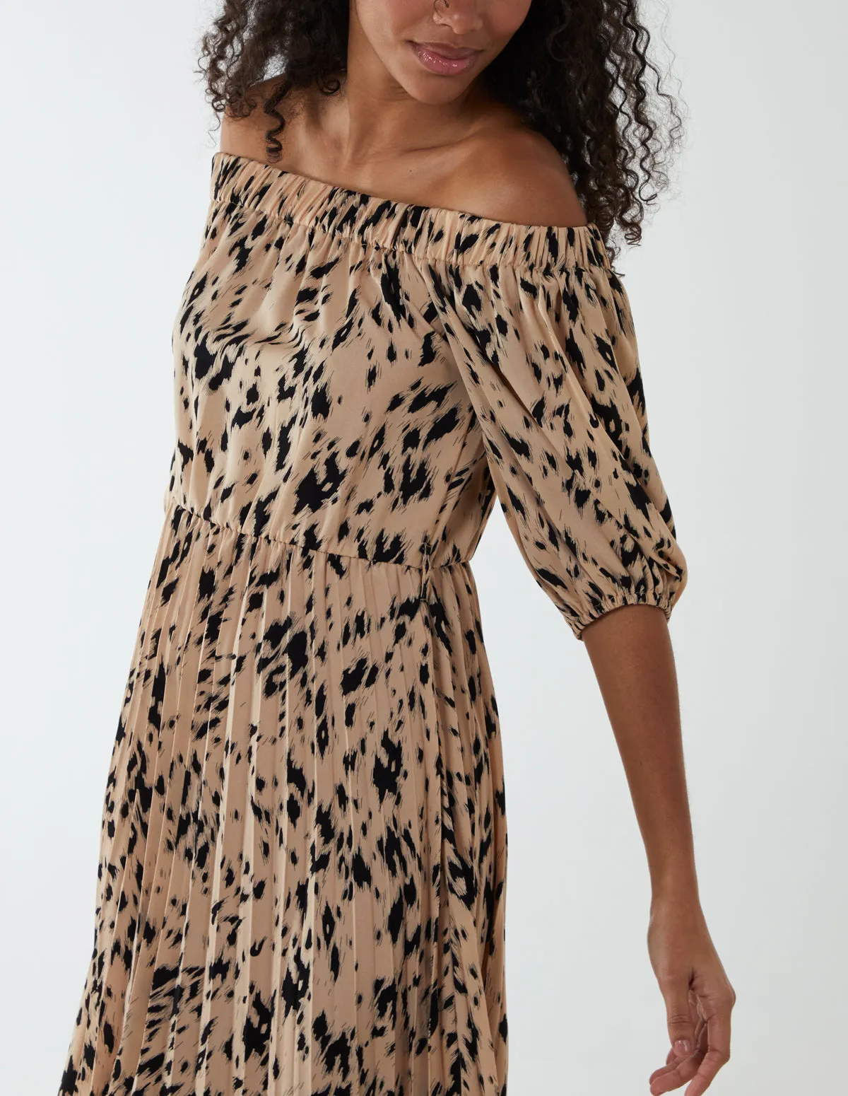 Bardot Midi Dress With Pleated Hem